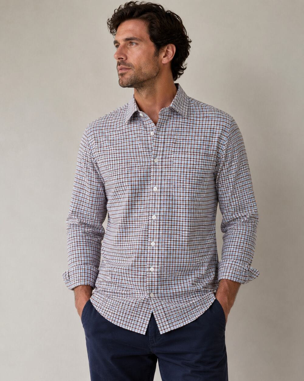 UNTUCKit Men's Large Gray Gingham Check Button Up Shirt Wrinkle Resistant